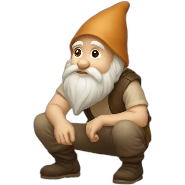 side view of gnome with light tan pants squatting on small dark brown pebble emoji