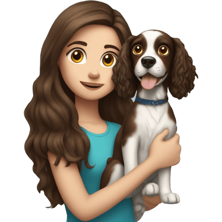 long hair brunette girl with blue eyes and a spaniel dog in her hands emoji