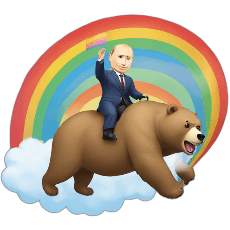 Vladimir putin with pride flag riding a rainbow on a bear emoji