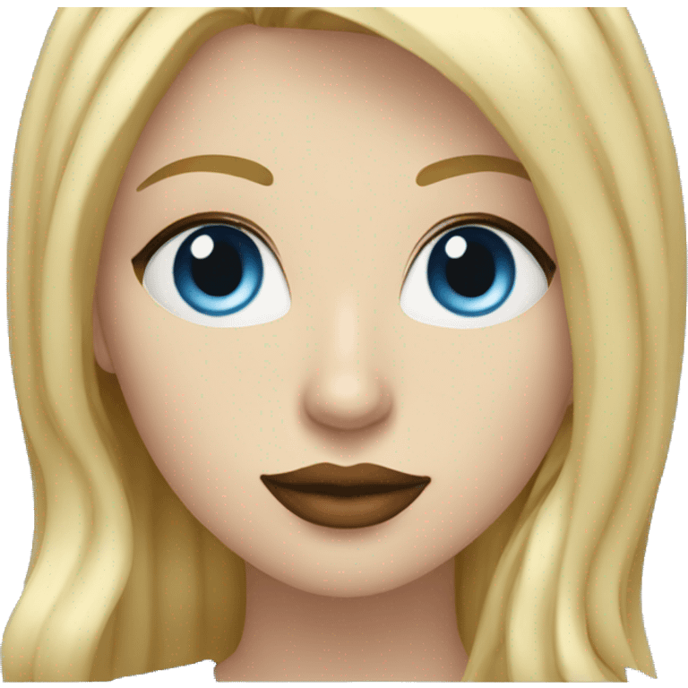 blonde pale white woman with blue with eyes working on laptop with #E397A0 color lips emoji