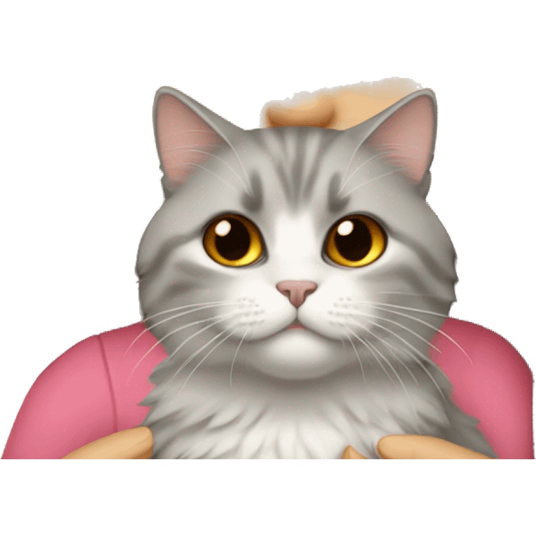 Dark brown straight hair girl holding fluffy Siberian gray cat  emoji