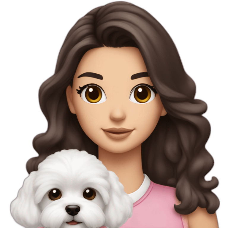 brunette Kendall Jenner with long hair holding on the hands white maltipoo wear on pink collar emoji