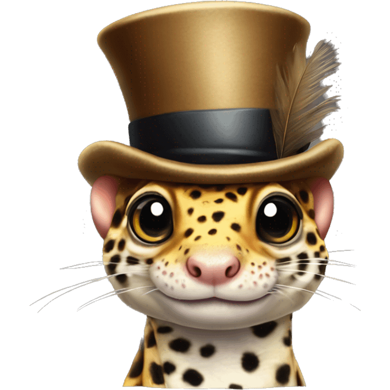 Leopard gecko with top hat and monocle and heat eyes and feather hands emoji