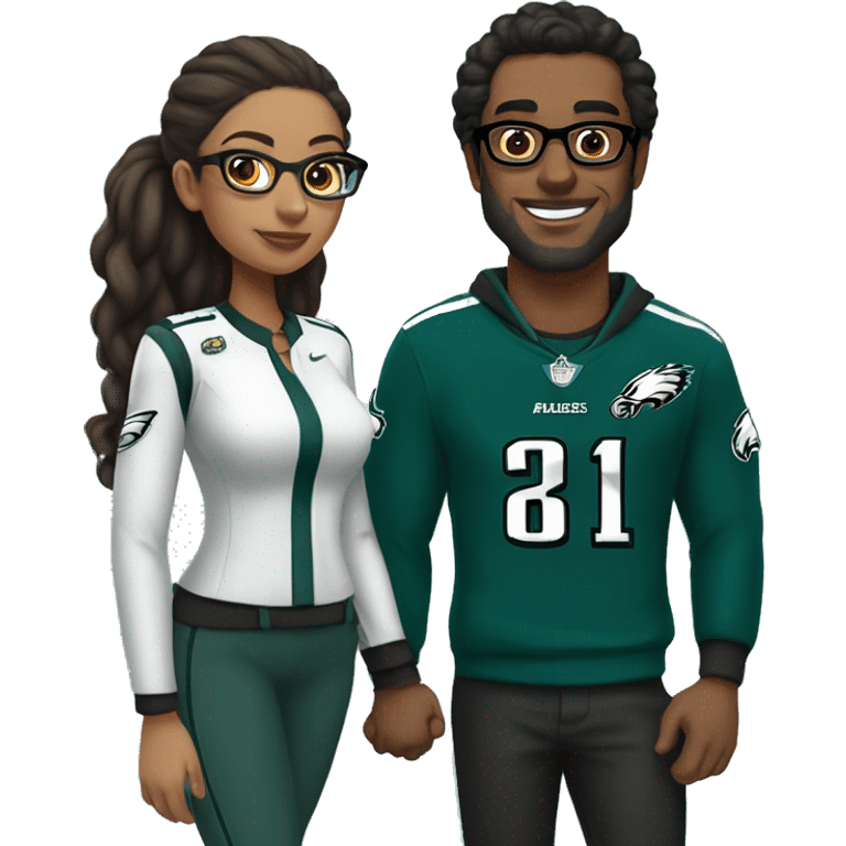 Brown guy and brown girl with glasses and hair in a bun in Philadelphia eagles clothes holding hands emoji