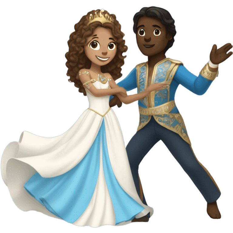 A princess with, brown long straight hair  and white dress with jewelry dancing around with a prince that is dark skin and curly brown hair with a blue and gold outfit  emoji