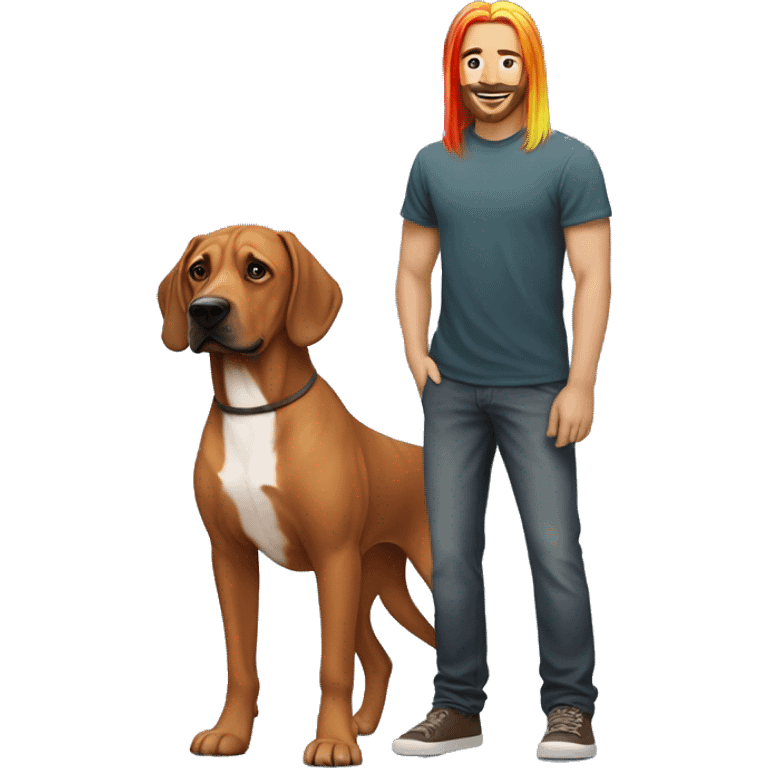 white male with long rainbow colored hair standing alongside a brown rhodesian ridgeback emoji