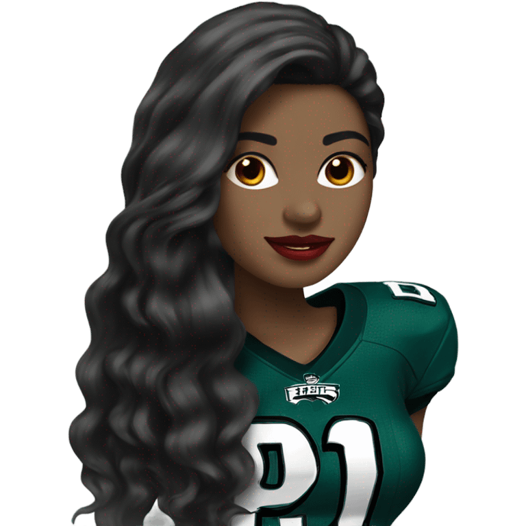 White female long dark hair red lips wearing Philadelphia Eagles jersey emoji