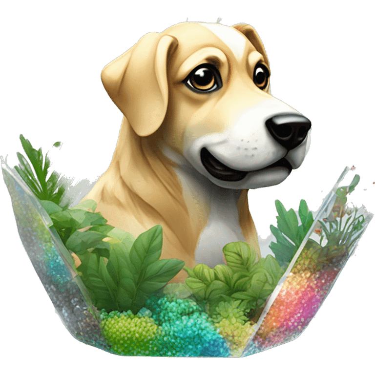 A dog made of glass mirror crystals prisms glass transparent filled with plants as a terrarium with graffiti doodles emoji