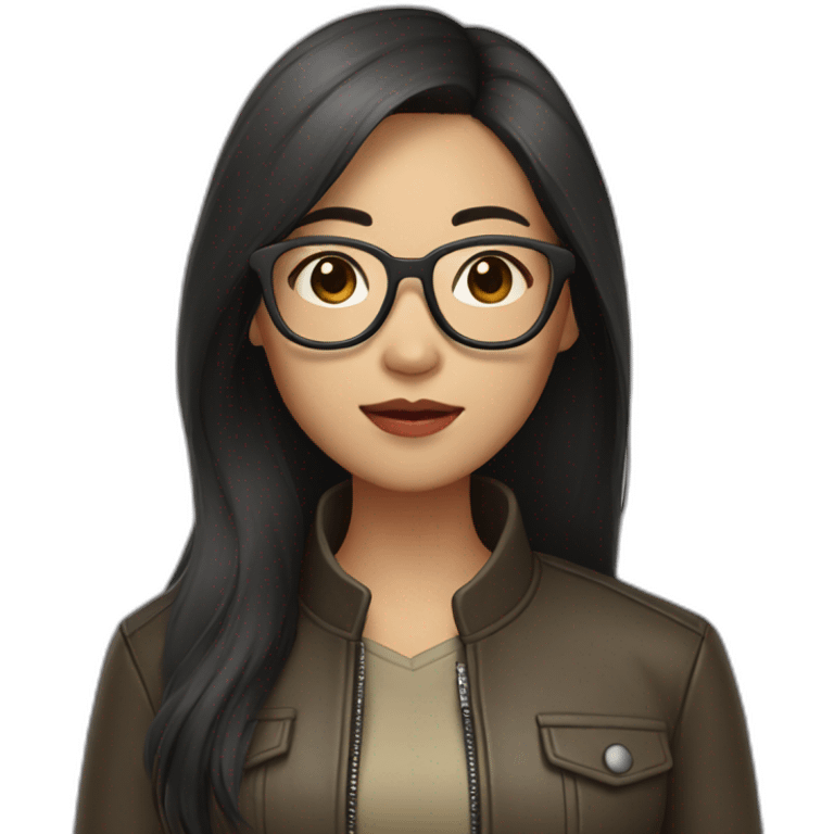 asian girl with glasses and a leather jacket with a  khaki shirt and long dark hair emoji