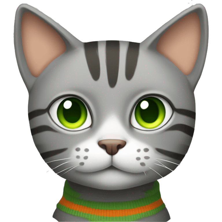 A striped grey cat with green eyes with orange sweater in full growth emoji