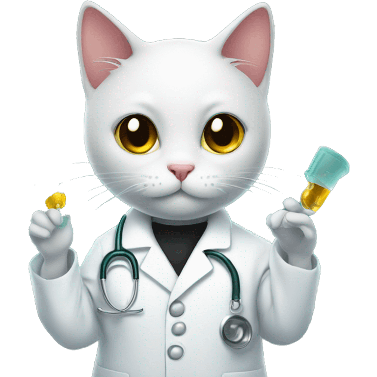 Black cat in lab coat with shocked expression holding a vial emoji