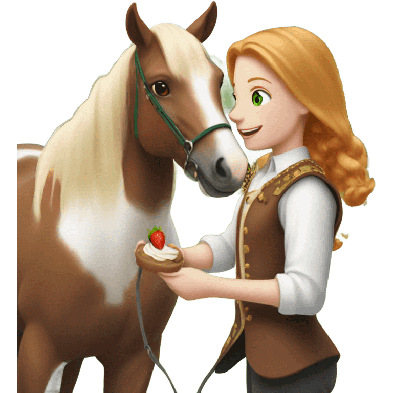 White teen girl with green eyes and medium length strawberry blonde hair wearing traditional English riding attire giving a treat to a brown and white paint horse emoji