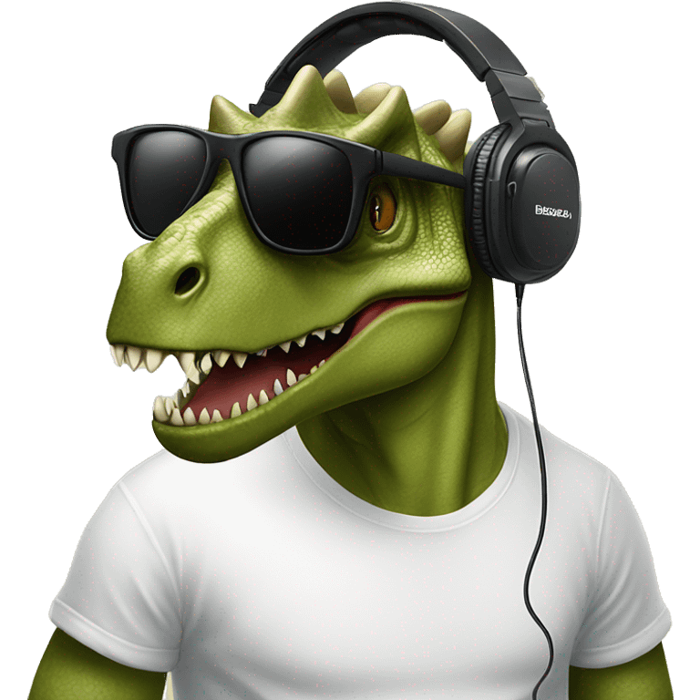 a dinosaur with headphones, with an iphone and white sunglasses and a balenciaga t shirt  emoji