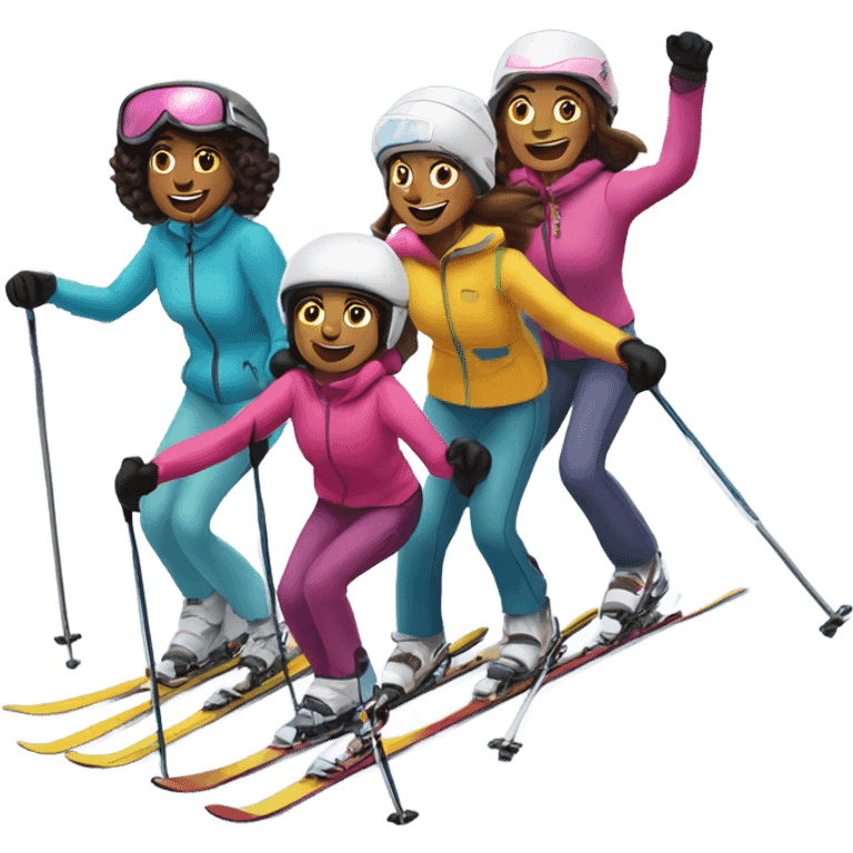 2 moms and 2 daughters skiing down a mountain.  emoji