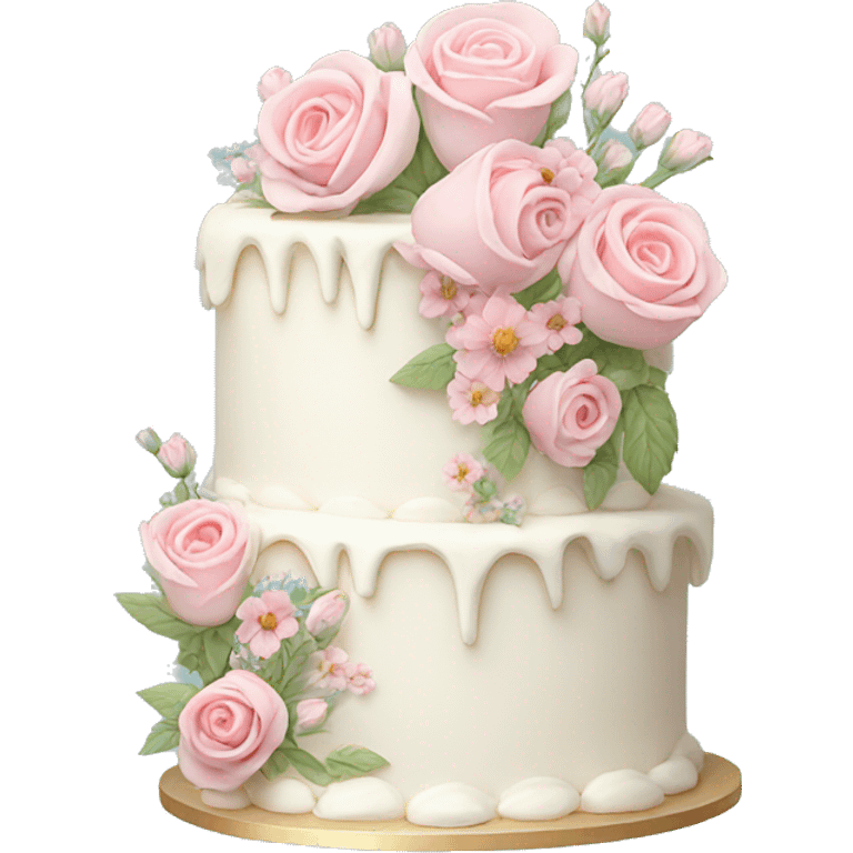 White cake with pink roses and pastel wildflowers emoji