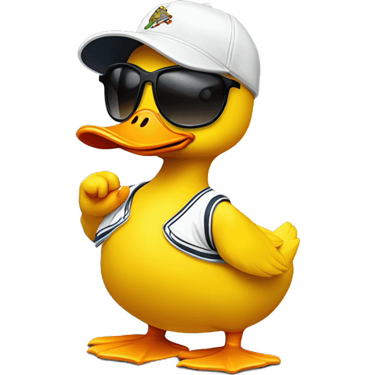 A really cool yellow duck wearing sunglasses and a backwards baseball cap and cool shoes giving finger guns emoji