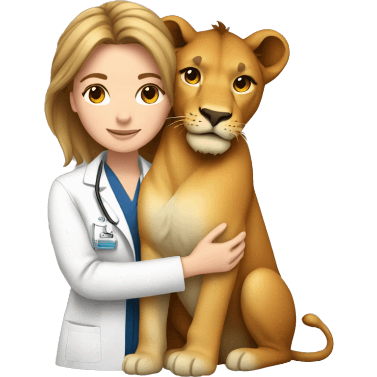 Female light brown hair veterinarian cuddling a lion emoji