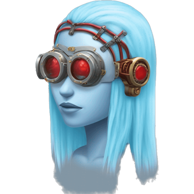 Light blue long hair female cyborg head with red steampunk goggles and circuits emoji