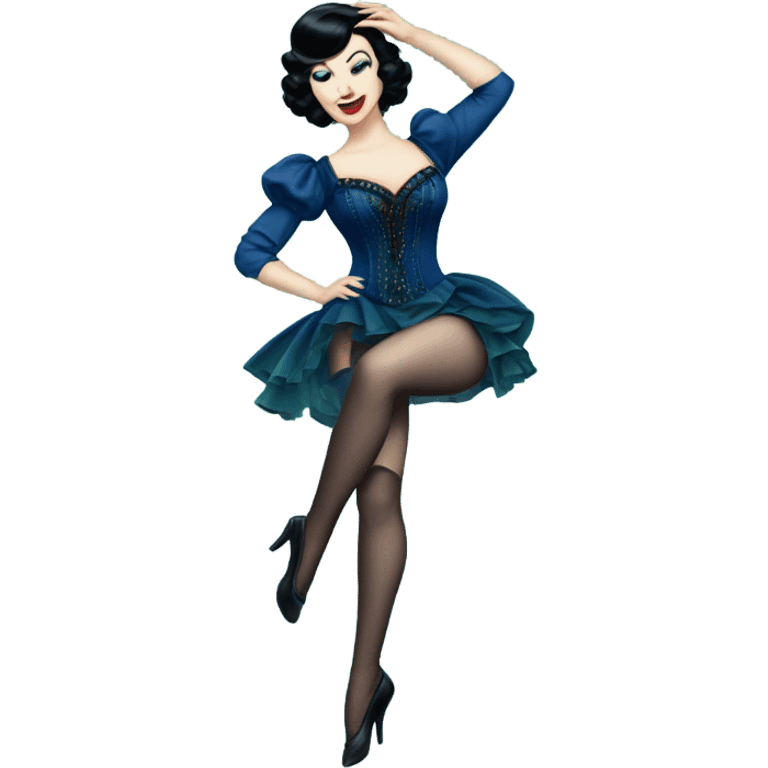 Burlesque dancer wearing blue with black hair, pale skin, and green eyes in a dark blue vintage costume dancing emoji