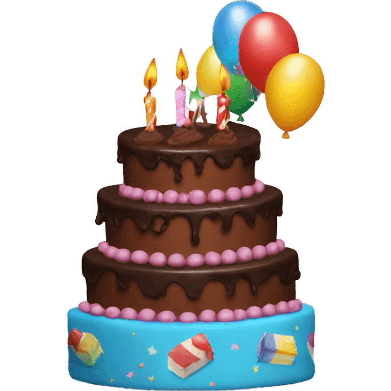 A chocolate birthday cake with balloons coming out on it saying happy birthday emoji