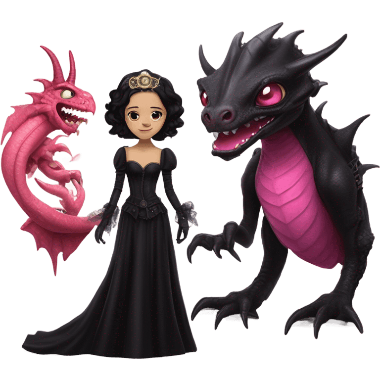 Lavish black evening gown with see-through gloves, Jenna Ortega as Addams woman wearing a steampunk mini tiara, very large blood pink evil-looking horned old dragon emoji