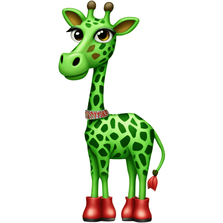 A green giraffe wearing a belt in some red sparkly heels with long eye lashes  emoji