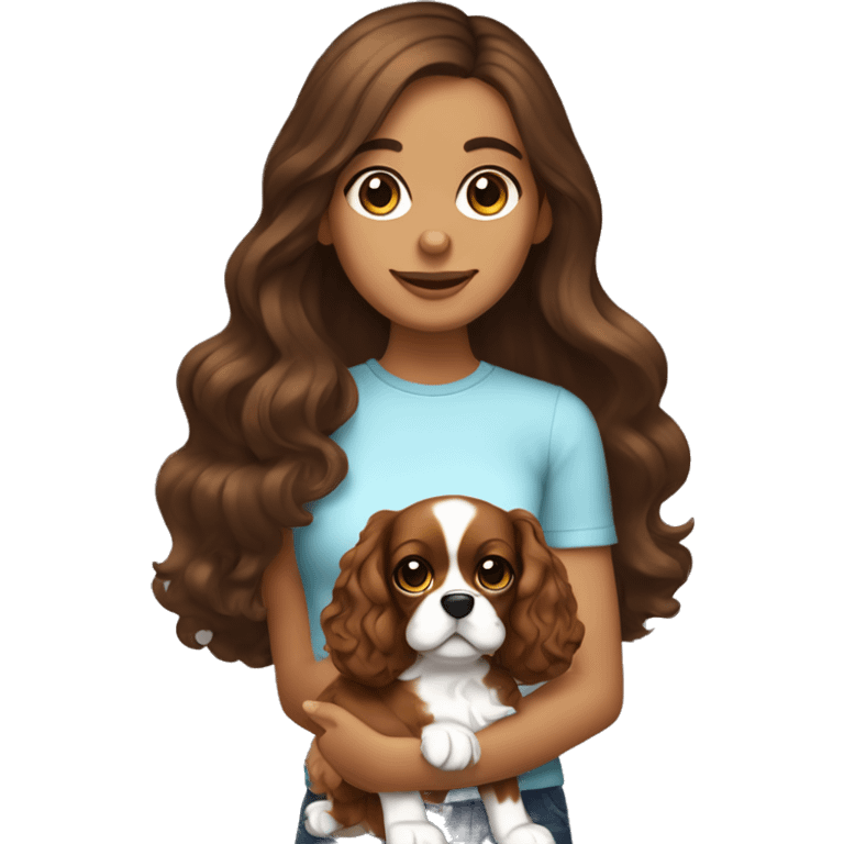 Tanned brunette long wavy hair girl holding a cute cavalier spaniel dog with short ears wavy fur emoji