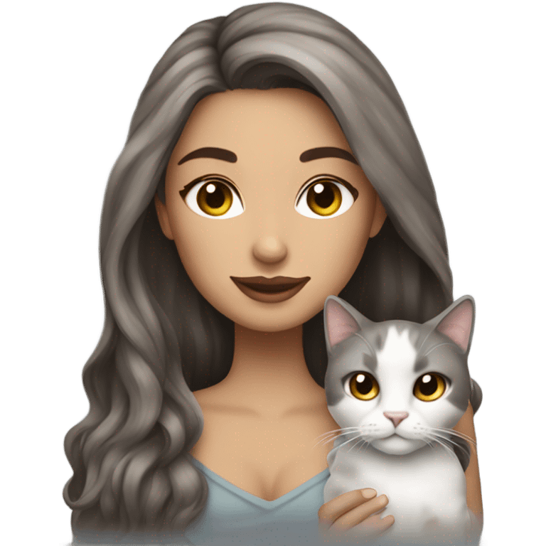 Beautiful brown haired tattooed woman holding gray and white long hair cat emoji