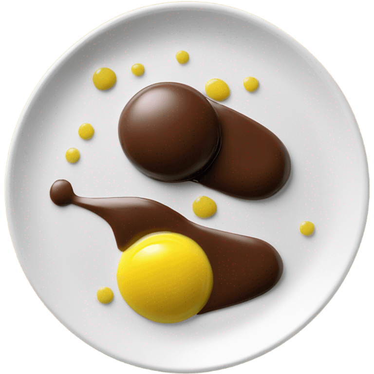 1 Chocolate quenelle and 1 vanilla quenelle on a fine dining glass plate with 3 small drops of yellow sauce as decoration emoji