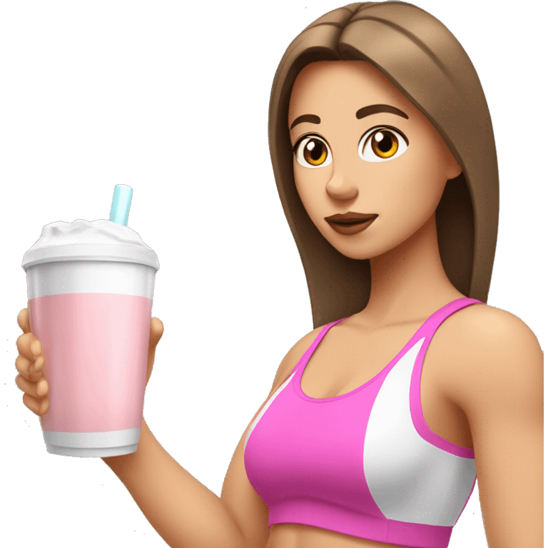 Brown haired white girl in pink croptop drinking protein shake emoji