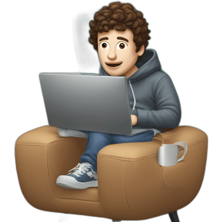 Bighead josh brener from silicon valley in hoodie sittin on a computer chair holding a big gulp emoji