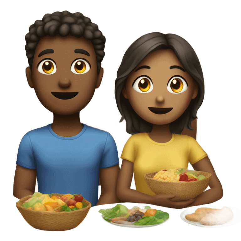 Boy and girl sitting on bed with food emoji