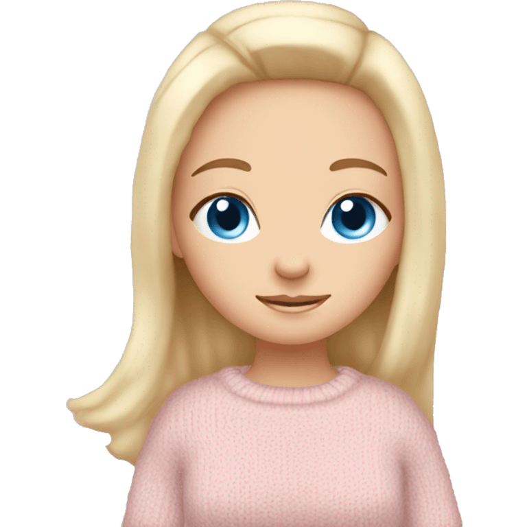 Pretty blue eyed white girl with light pink sweater reading cozy emoji