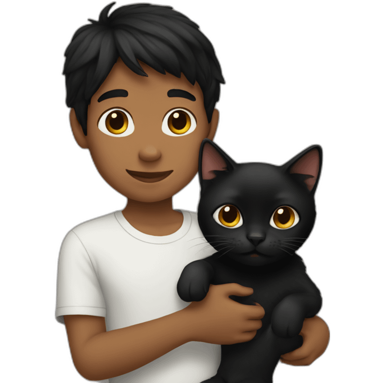 black-haired boy holds a black cat emoji