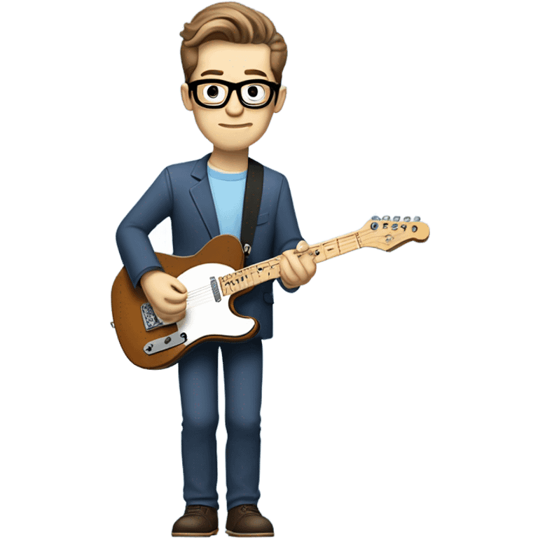 A nerdy white guy with glasses with short brown hair with a small quiff playing a blue classic telescaster emoji