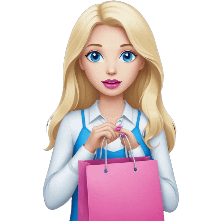 Cinematic realistic blonde with long hair, blue eyes and pink lips holds shopping bags in her hands emoji