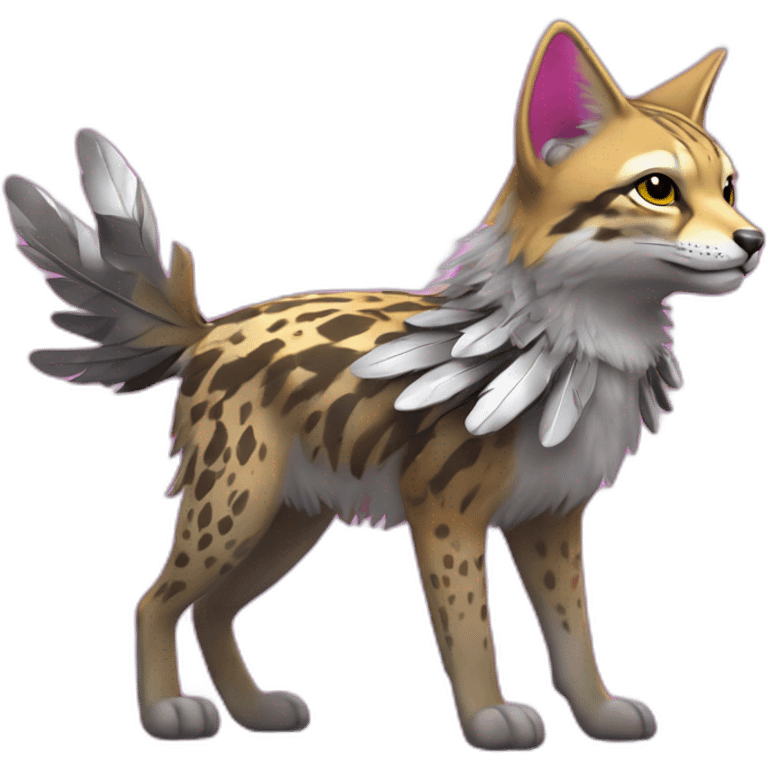 Coyote ocelot standing with grey and black fur and phoenix wings on back and pink ears half skeleton, neon lights emoji