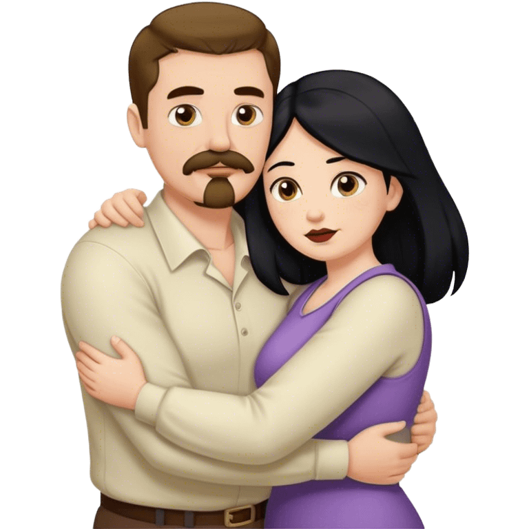 Tall strong white man with brown mustache goatee hugging a chubby short pale woman with long black hair emoji