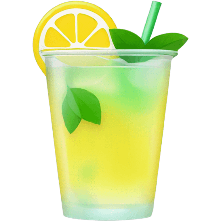 Bright yellow cocktail in a translucent eco-cup, minimalist emoji style, slight glow, simple shine, with a lemon slice or green leaf. Neutral background. emoji