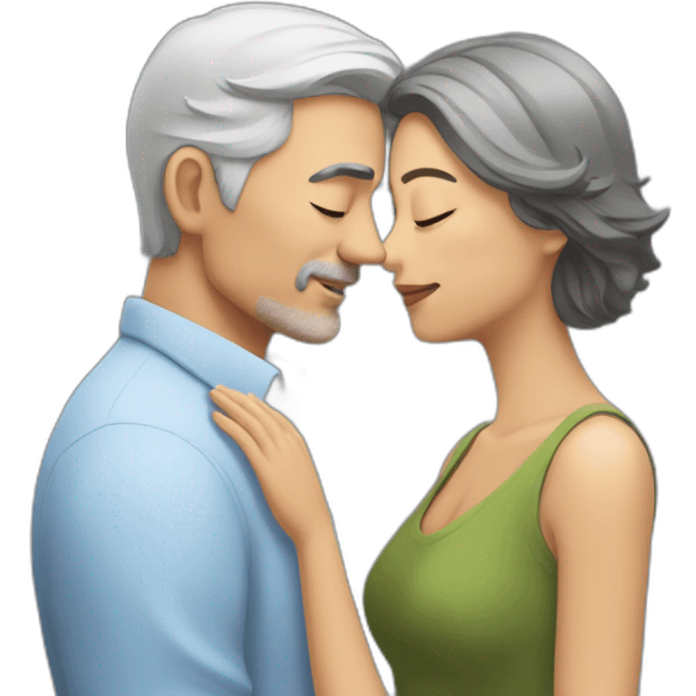 Man with gray hair kisses woman with dark brown hair emoji