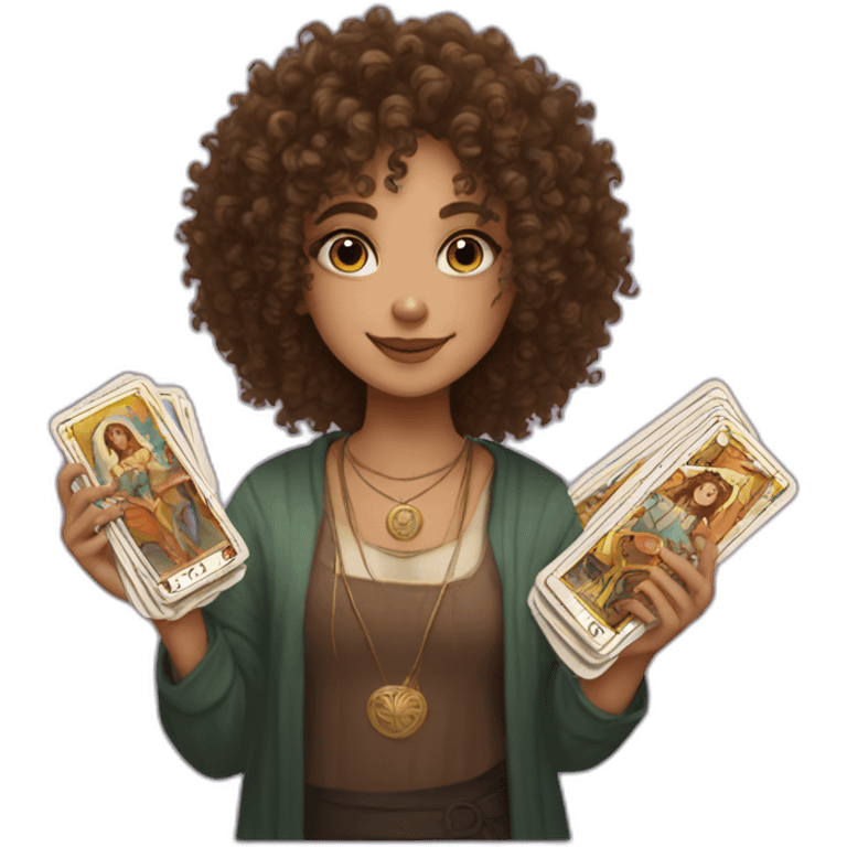 A brown curly haired girl with a deck of tarot cards emoji