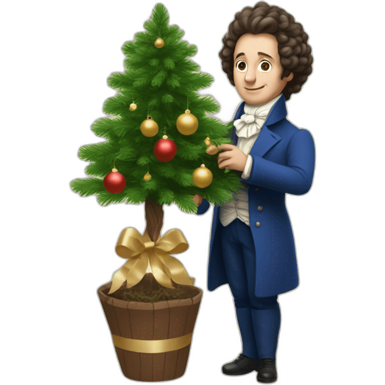 Pushkin holds a small Christmas decorated Christmas tree in his hands emoji