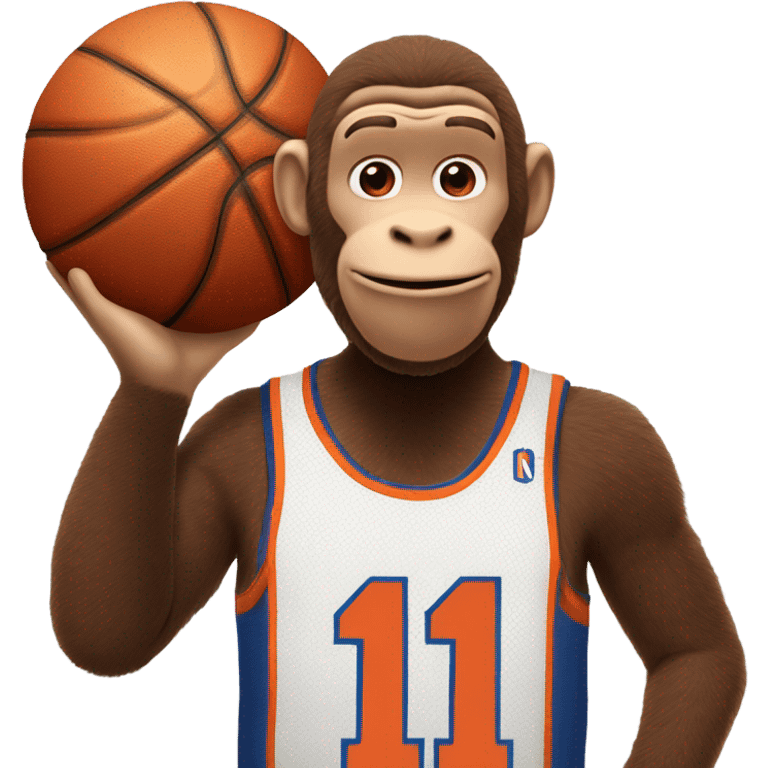 Curious George wearing a knicks jersey number 11, holding a basketball  emoji