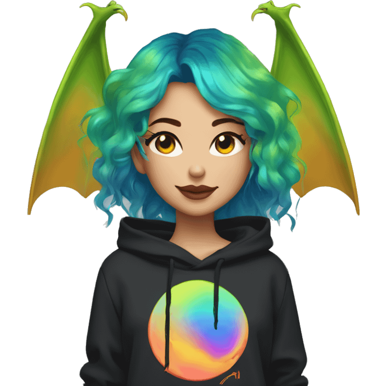 Lady with brunette and iridescent blue hair, gold, lime green dragon wings, black hoodie, oilslick holographic, black and gold Nike t shirt, and bright red eyes emoji