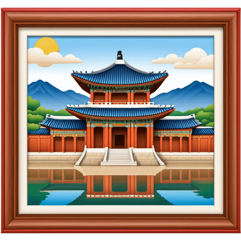 Cinematic Realistic Gyeongbokgung Palace Landmark Emoji, rendered with traditional Korean architecture, ornate wooden carvings, and vibrant colors, set against the backdrop of modern Seoul with soft evening light. emoji