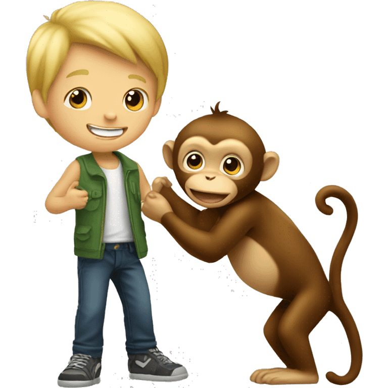 A blonde boy playing with a monkey emoji