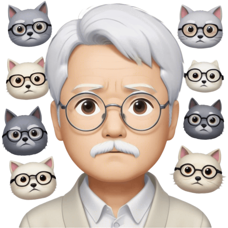 ​Cinematic Realistic Portrait of Hayao Miyazaki, depicted with striking white hair, defined black eyebrows, and large rectangular glasses, his thoughtful expression rendered in lifelike detail against a background of whimsical Studio Ghibli-inspired sketches, illuminated with soft, realistic lighting that emphasizes his creative genius, emoji