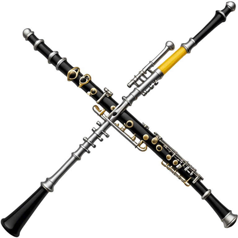 Create an elegant and detailed emoji depicting a black oboe with a cane. The design should showcase the smooth finish of the dark wood oboe with the metal keys clearly visible. A yellow thin bamboo cane should be carefully placed at the top of the instrument, emphasizing its important role in creating sound. Add subtle details such as silver or brass inserts on the keys to emphasize the high quality of the instrument. Use deep black, silver, and wood tones for the oboe to emphasize its refined appearance. The background should be transparent. emoji