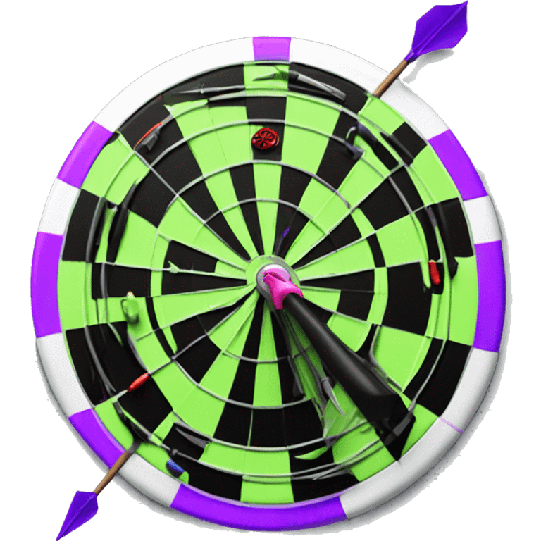 Lime green and purple dart board with motorcycle driving out  emoji