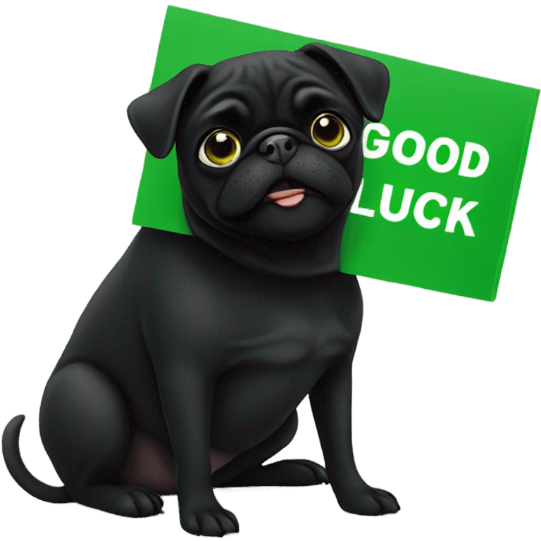 Black pug , surrounded by flowers, holding a green sign that says “good luck”  emoji